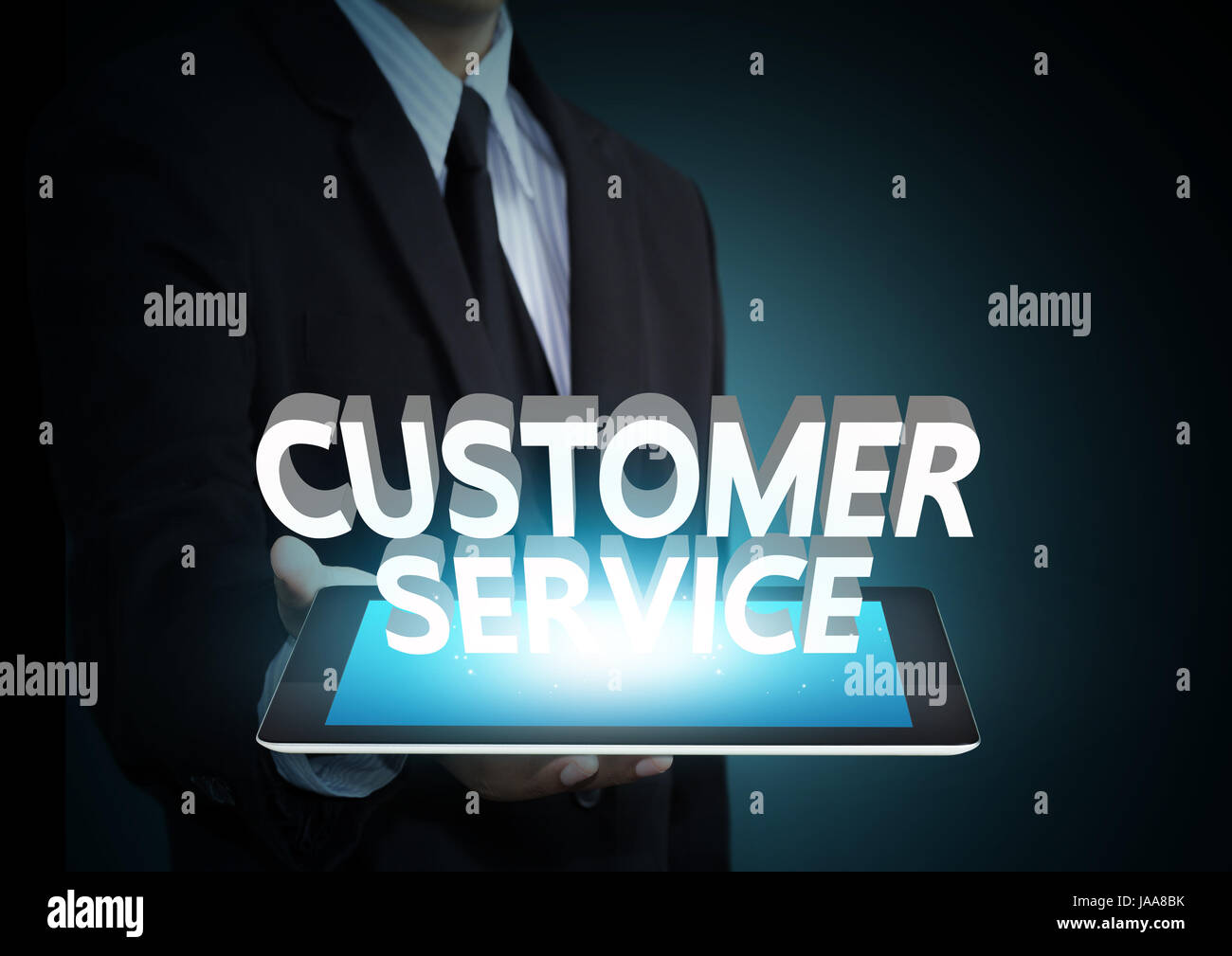 Customer service 3D text on touch screen tablet technology, business ...
