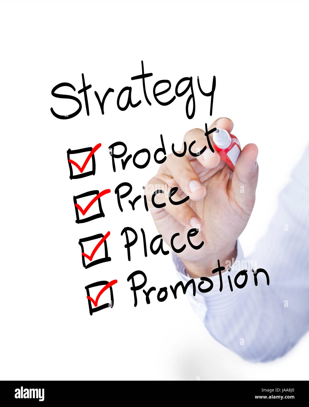 Business man drawing marketing 4P principle diagram Stock Photo - Alamy