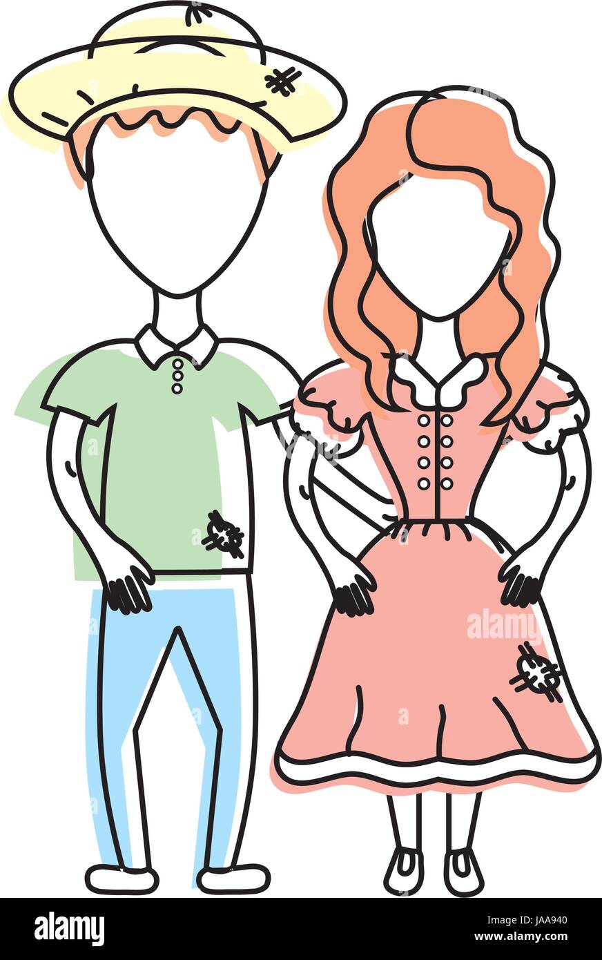 cute brazilian couple with hat and typical clothes Stock Vector