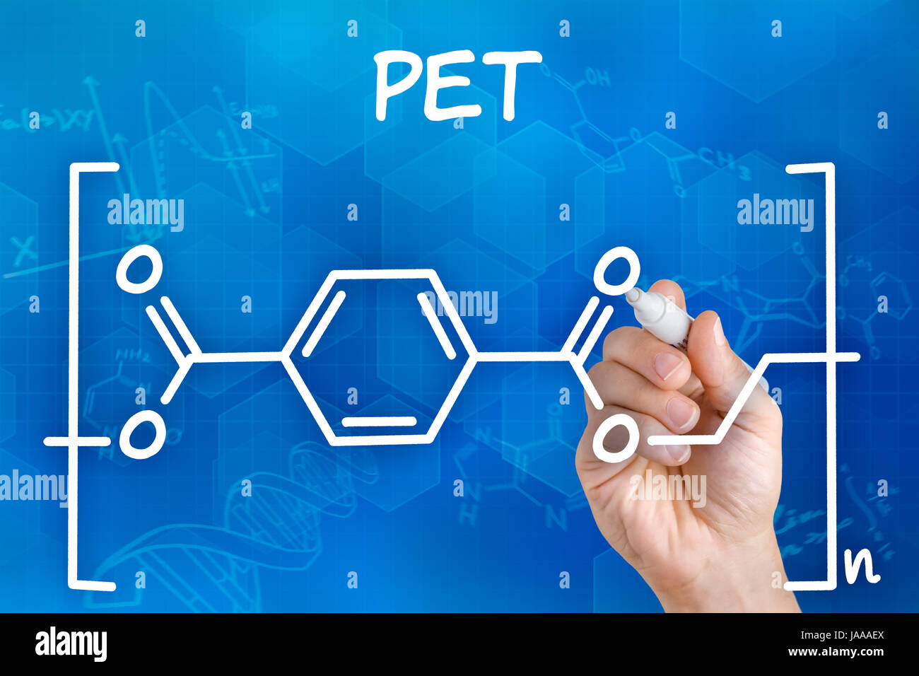 hand with pencil draws chemical structural formula of pet Stock Photo ...