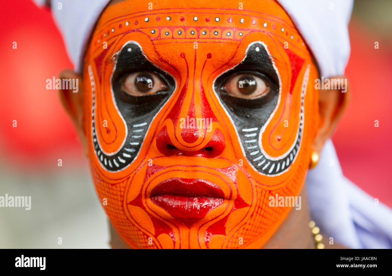 A close up of a theyyam performer, Theyyam artist face Stock Photo