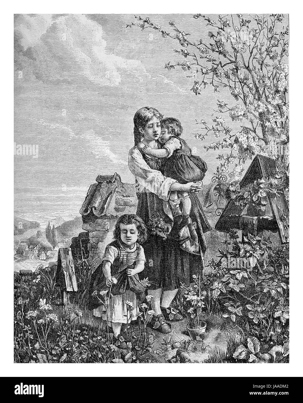 Orfan girls visit the Mother's grave, engraving from XIX century Stock Photo