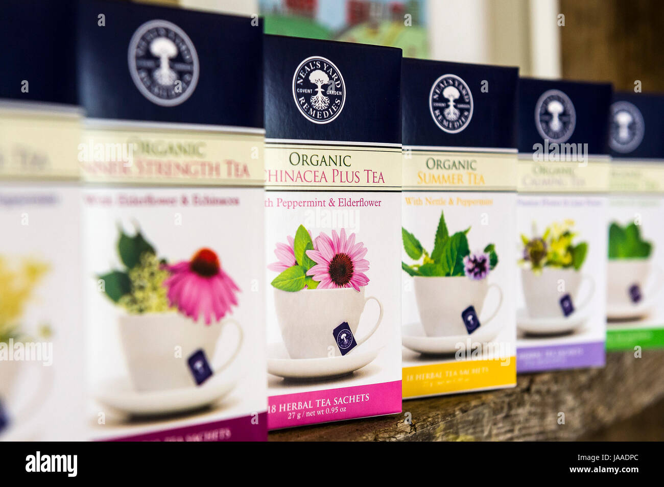 Boxes of Neals Yard Organic Herbal Tea on sale. Stock Photo