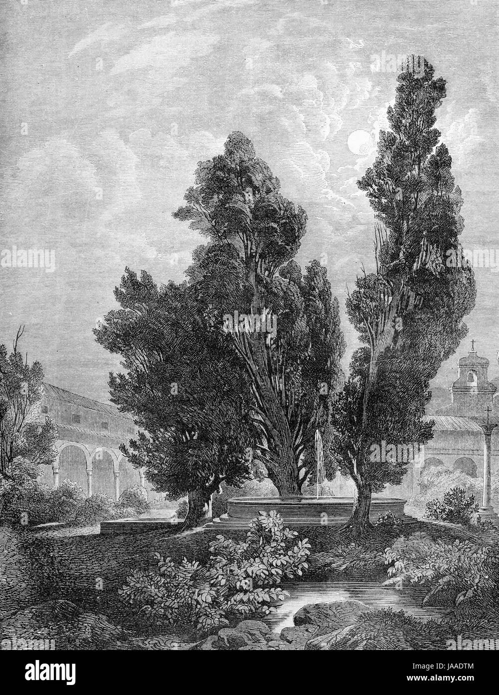 Typical Italian landscape:cloister loggia, church, fountain and beautiful cypresses - engraving from XIX century Stock Photo