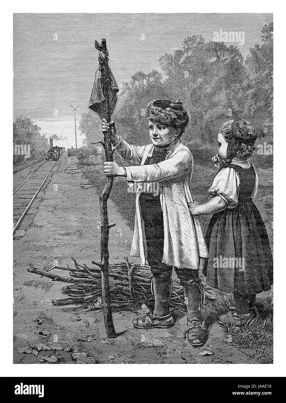 Voluntary rail caretakers, kids playing near the train rails, engraving from XIX century Stock Photo