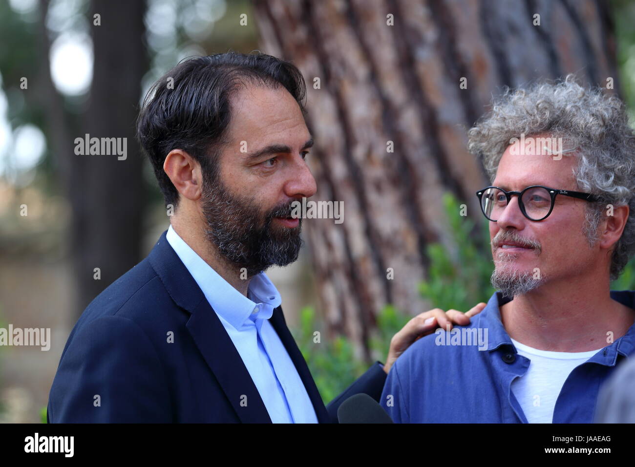 Italian actor Neri Marcorè with Niccolò Fabi during photocall of the presentation 'RisorgiMarche' at the Jazz House in Rome. (Photo by: Matteo Nardone/Pacific Press) Stock Photo