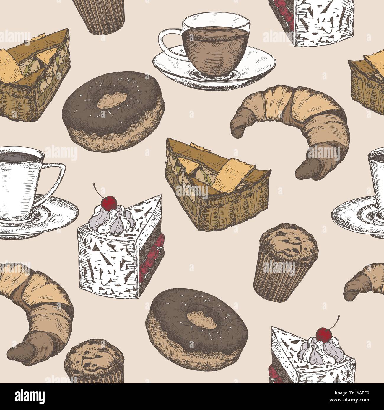 Hand drawn color tea, coffee and pastry seamless pattern Stock Vector ...