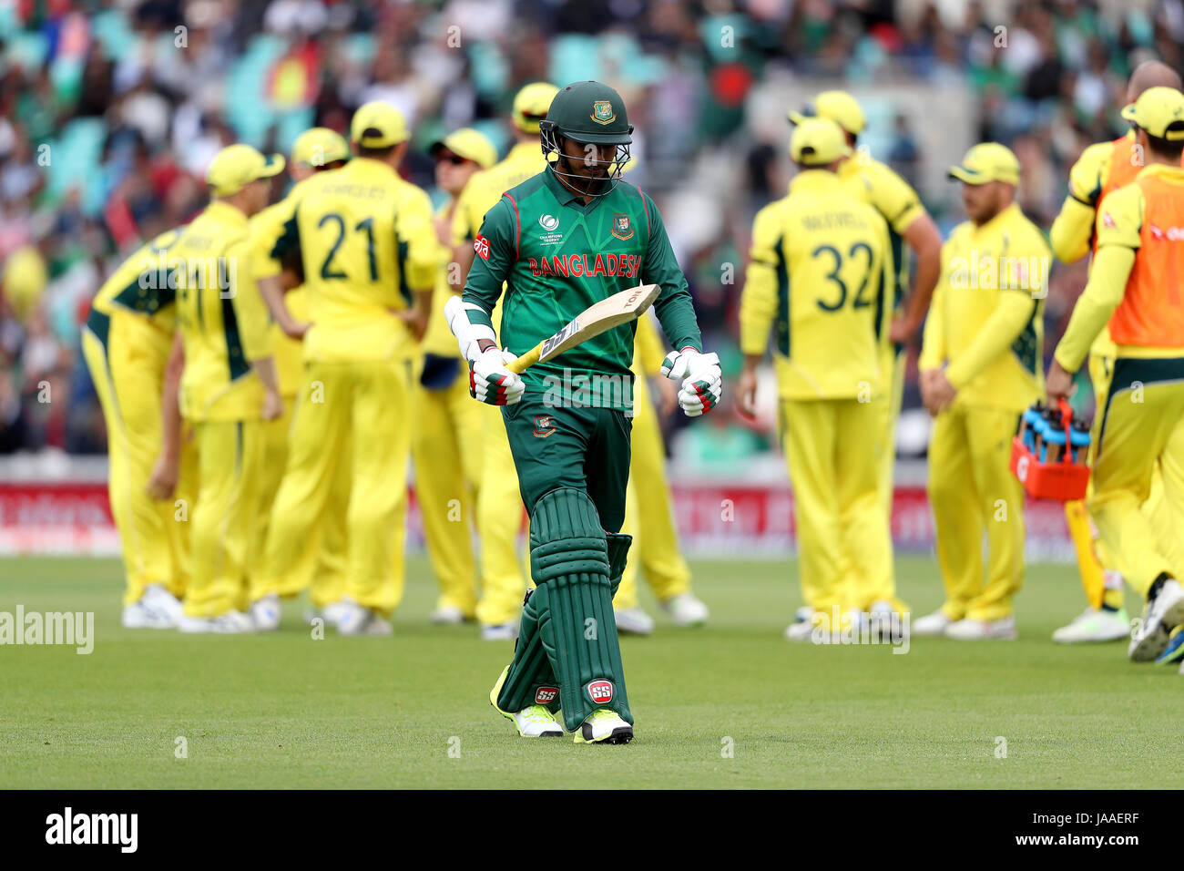 Bangladesh's Soumya Sarkar walks off after being caught by Australia's