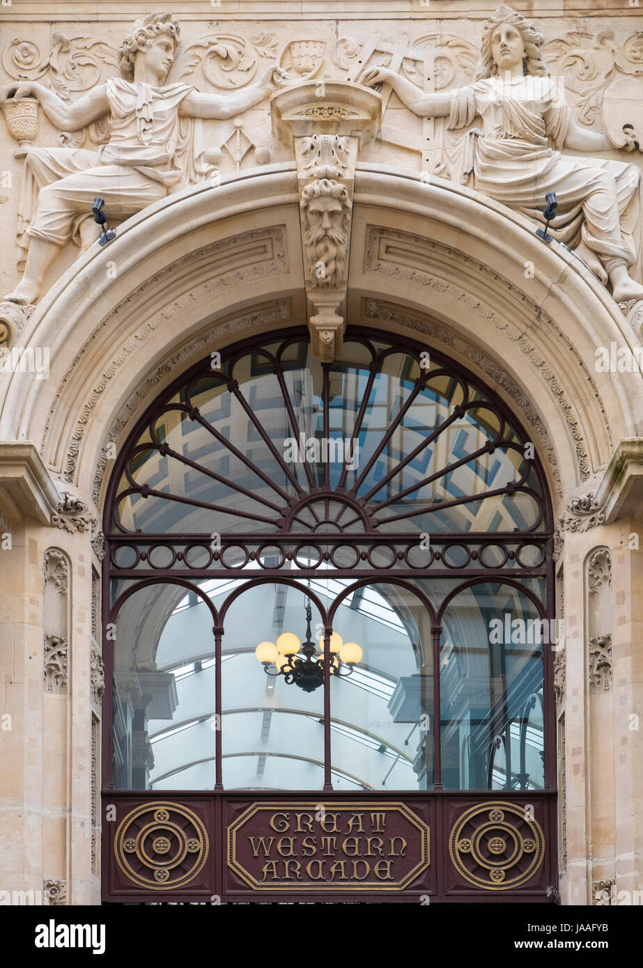 Carvings adorn the entrance to the Great Western Shopping Arcade, built by the Great Western Railway, Birmingham, West Midlands, England, Europe Stock Photo