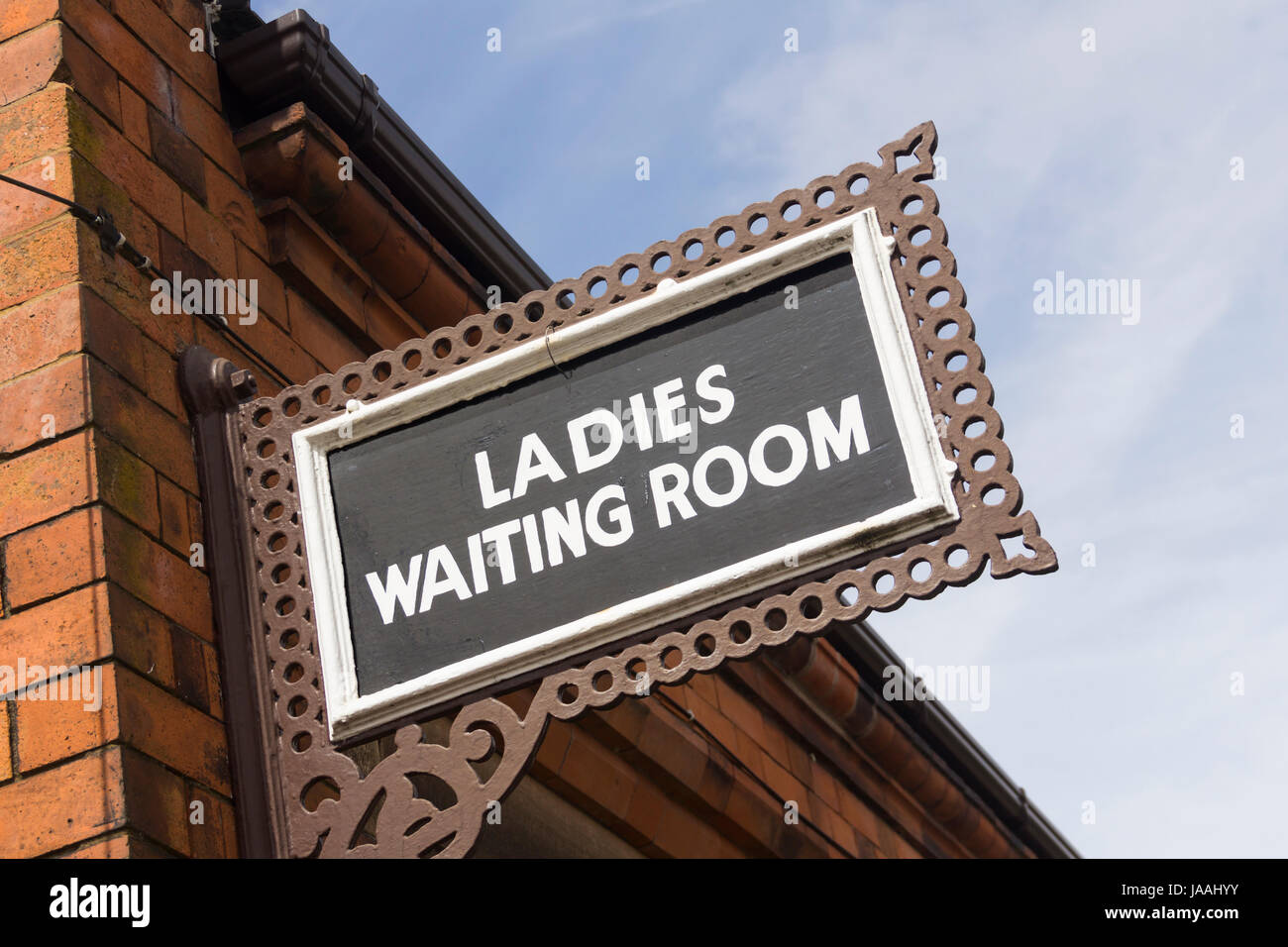 Ladies waiting room sign on the station building at Quorn and Woodhouse railway station on the Great Central Railway preserved steam line which runs f Stock Photo