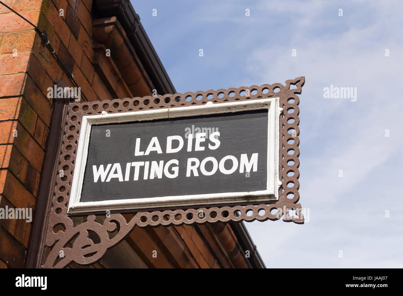 Ladies waiting room sign on the station building at Quorn and Woodhouse railway station on the Great Central Railway preserved steam line which runs f Stock Photo