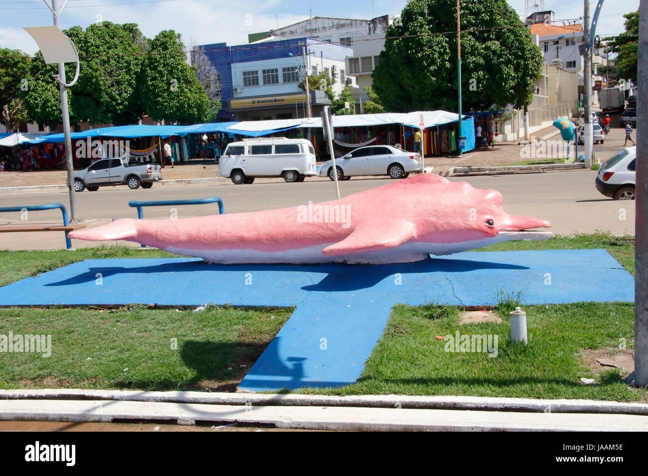 model of Amazon pink river dolphin, on pavement in Santarem, Brazil Stock Photo