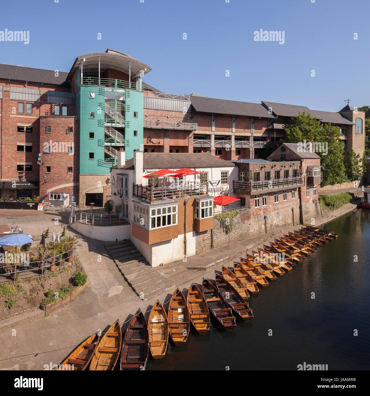 26 May 2017: Durham City, County Durham, England, UK - Boats for hire on the River Wear in Durham, in front of the Boat Club restaurant and Prince Bis Stock Photo