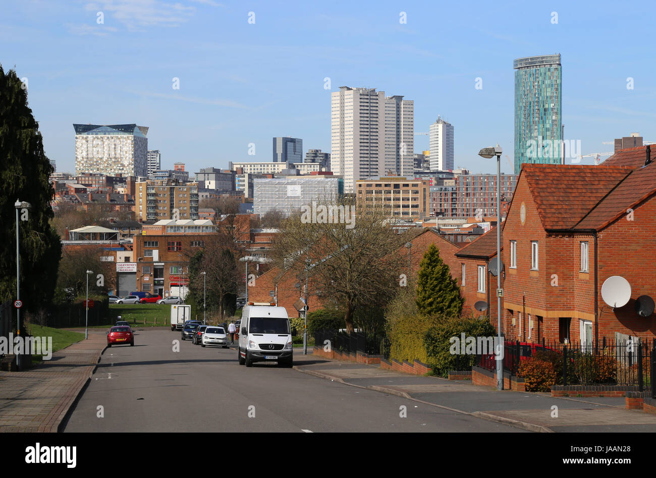 Inner city view. Angelina Street, Highgate, Birmingham, UK, in March, 2017. The skyline of
