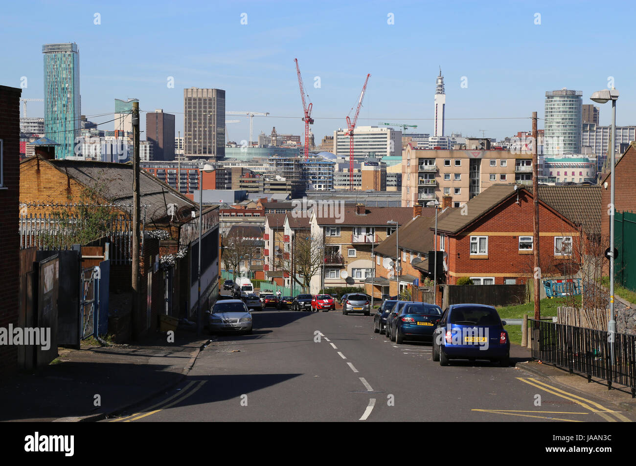 Inner city view.  Darwin Street, Highgate, Birmingham, UK, in March, 2017.  Birmingham city centre skyline is visible in the background. Stock Photo