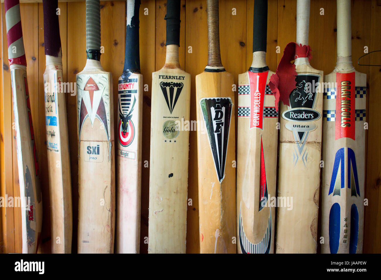 Cricket Bats Hang On The Wooden Cladded Walls Of Lynton Lynmouth Stock Photo Alamy