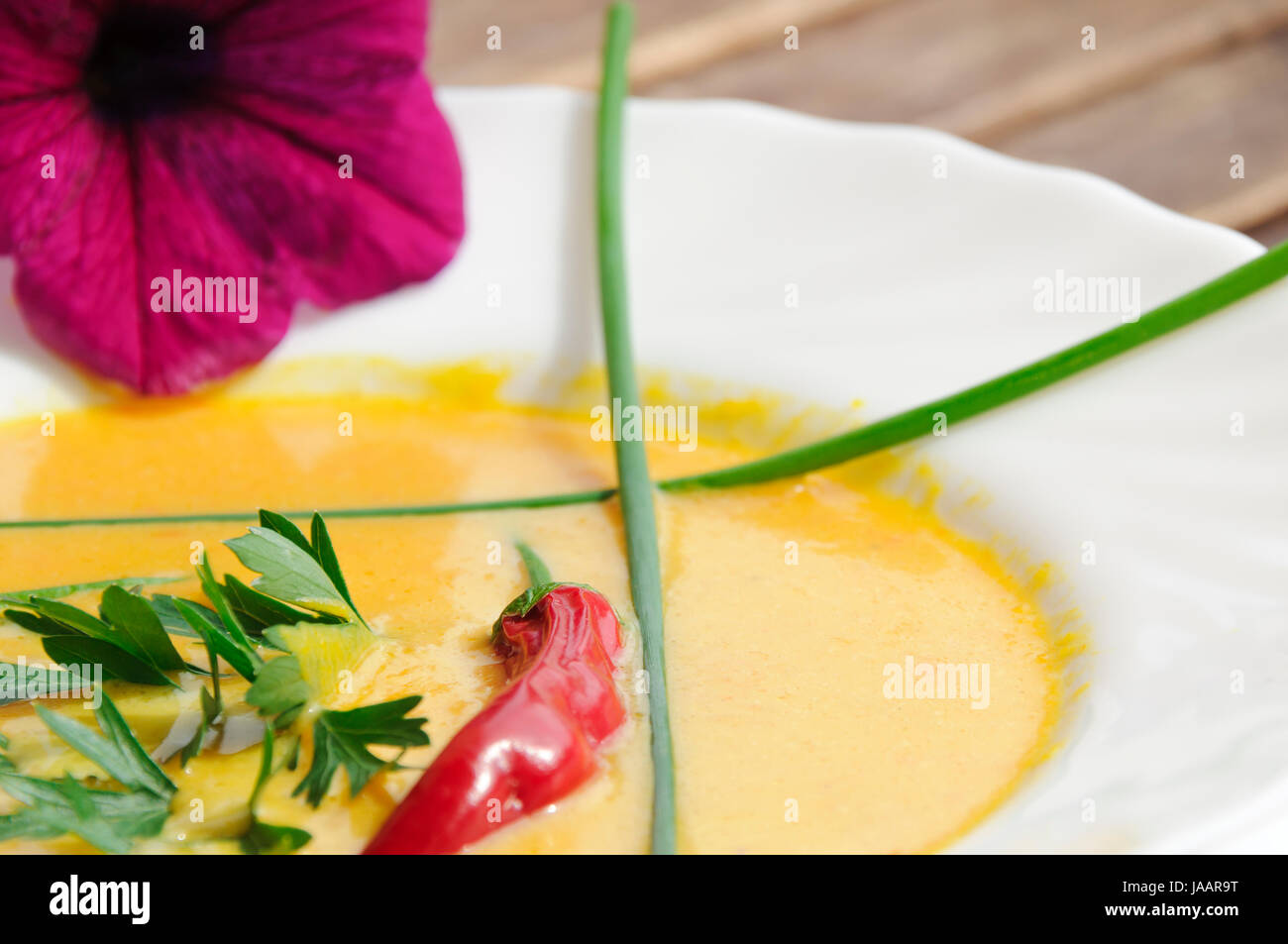 Kuerbissuppe mit Ingwer und Kokosmilch. Stock Photo