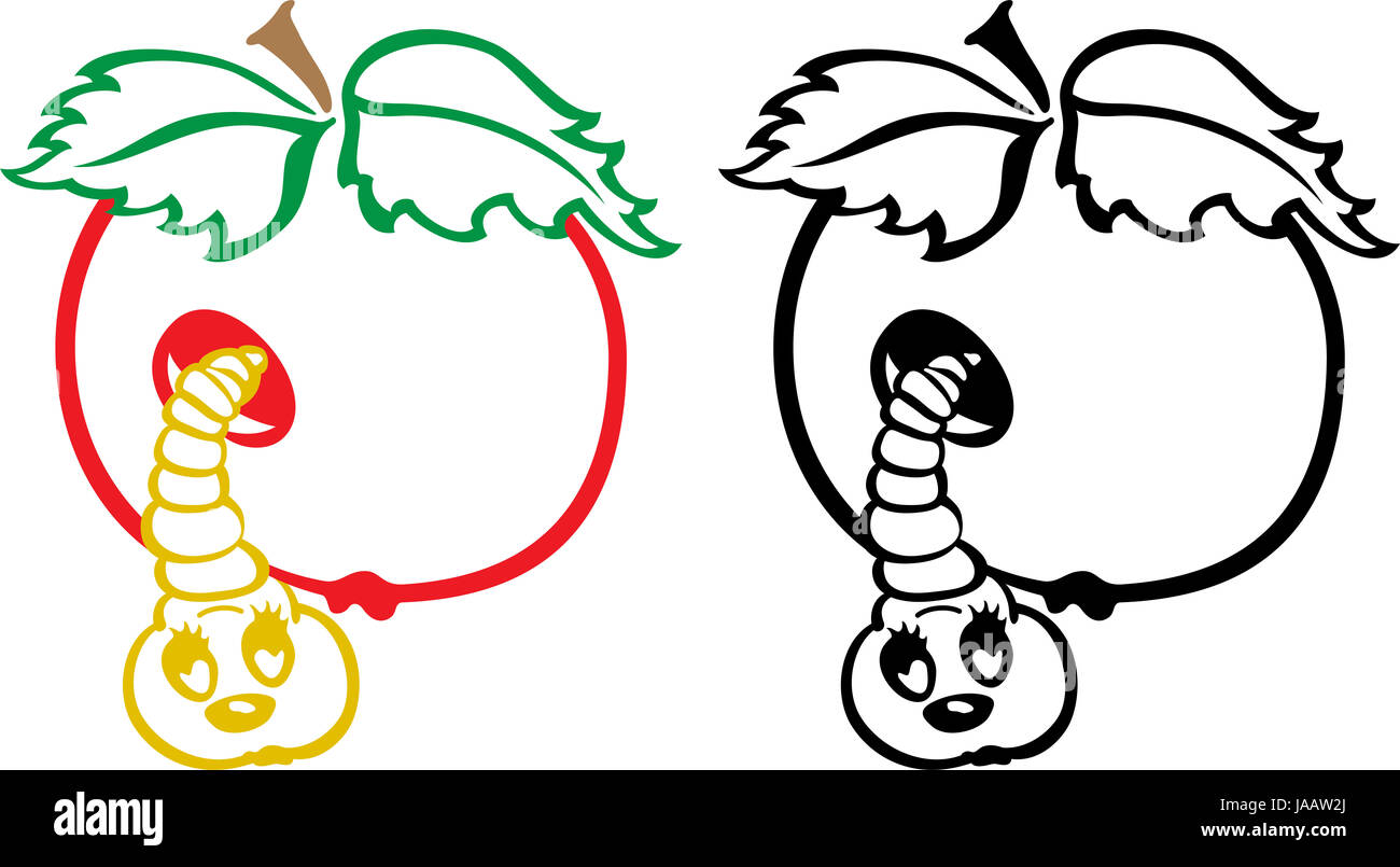 Worm and apple - black and white cartoon illustration Stock Photo