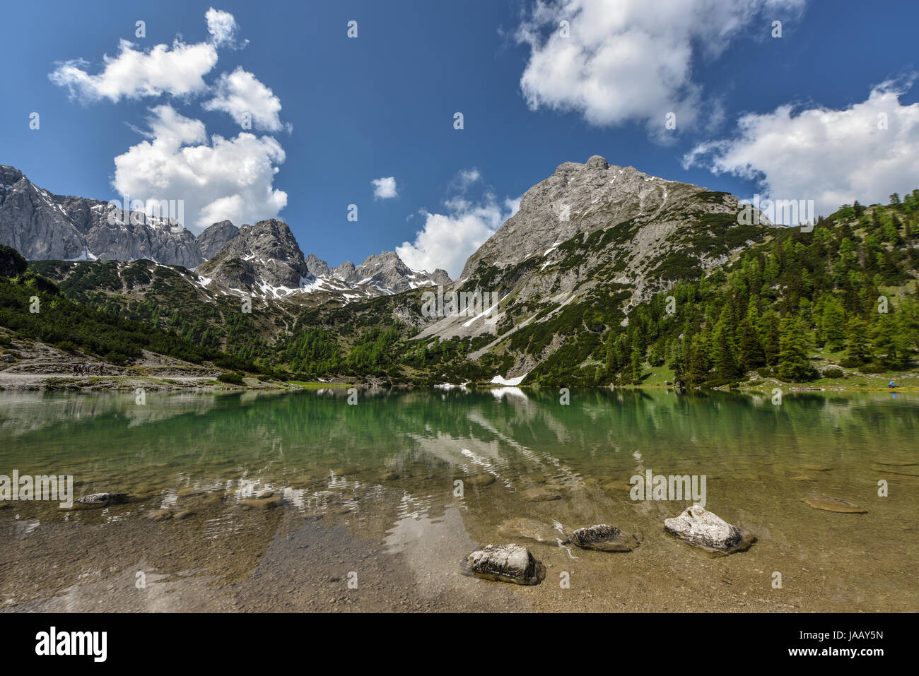 Scenic lake Seebensee  with reflections, Ehrwald, Tyrol, Austria, Europe Stock Photo