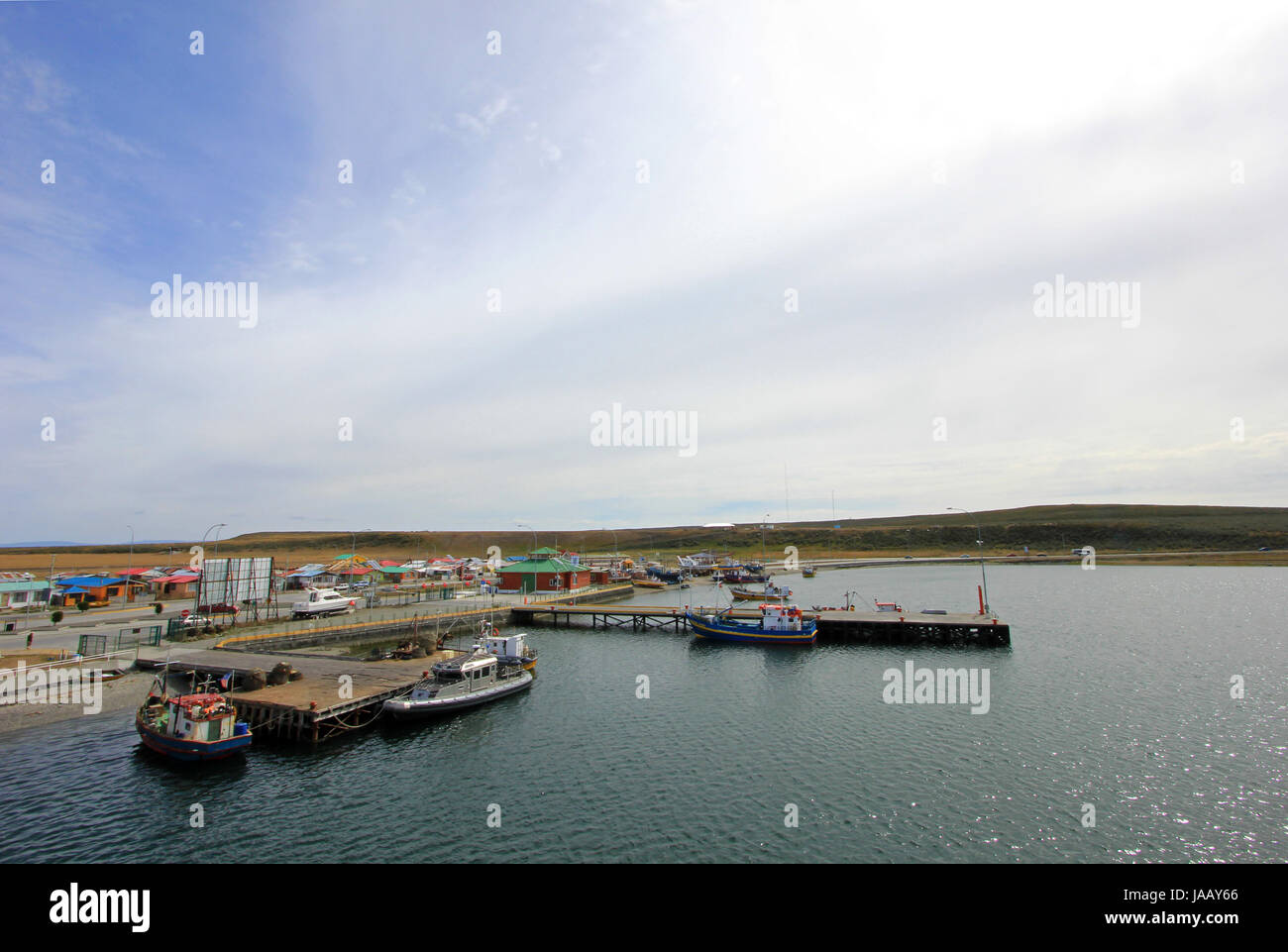 View of boats in the port of Porvenir, Tierra Del Fuego, Chile Stock Photo