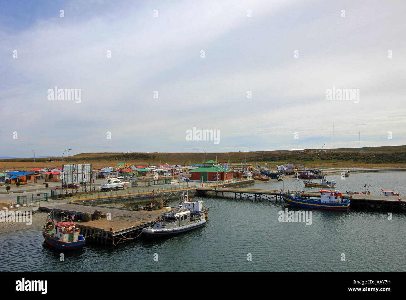 View of boats in the port of Porvenir, Tierra Del Fuego, Chile Stock Photo