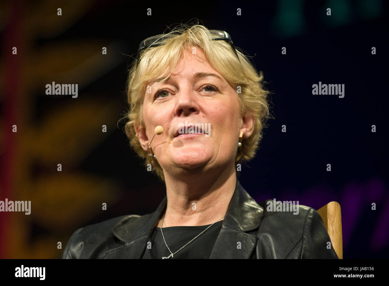 Jo Malone perfumer speaking about her life & career on stage at Hay Festival 2017 Hay-on-Wye Powys Wales UK Stock Photo