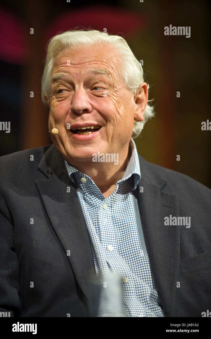 John Simpson BBC journalist speaking about his life & career on stage at Hay Festival 2017 Hay-on-Wye Powys Wales UK Stock Photo