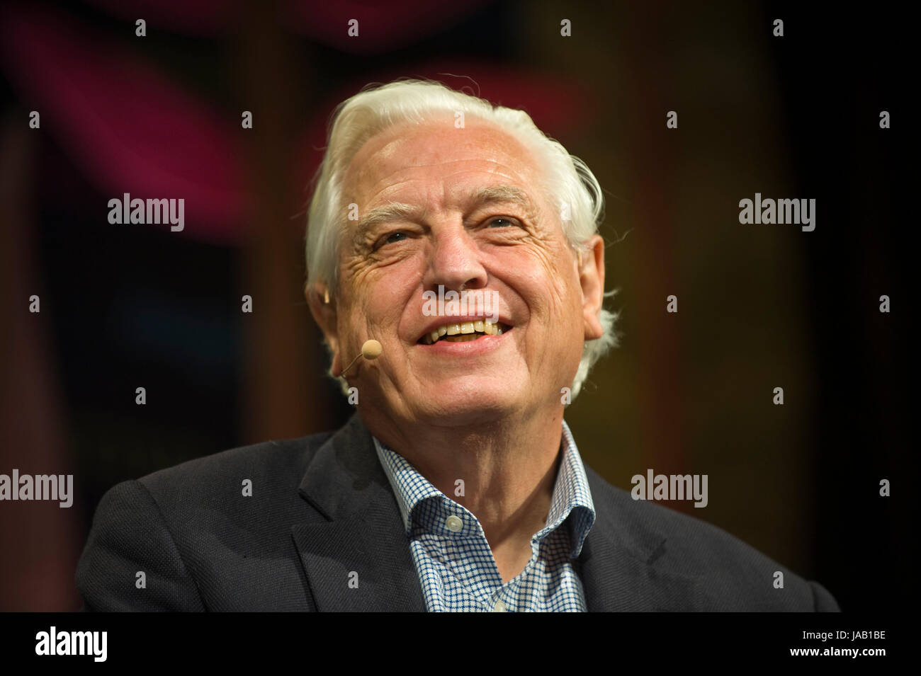 John Simpson BBC journalist speaking about his life & career on stage at Hay Festival 2017 Hay-on-Wye Powys Wales UK Stock Photo