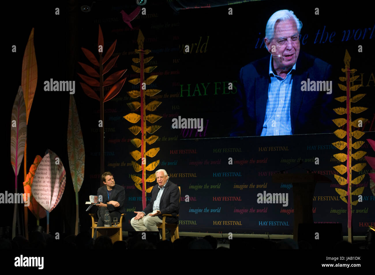John Simpson BBC journalist speaking about his life & career on stage at Hay Festival 2017 Hay-on-Wye Powys Wales UK Stock Photo