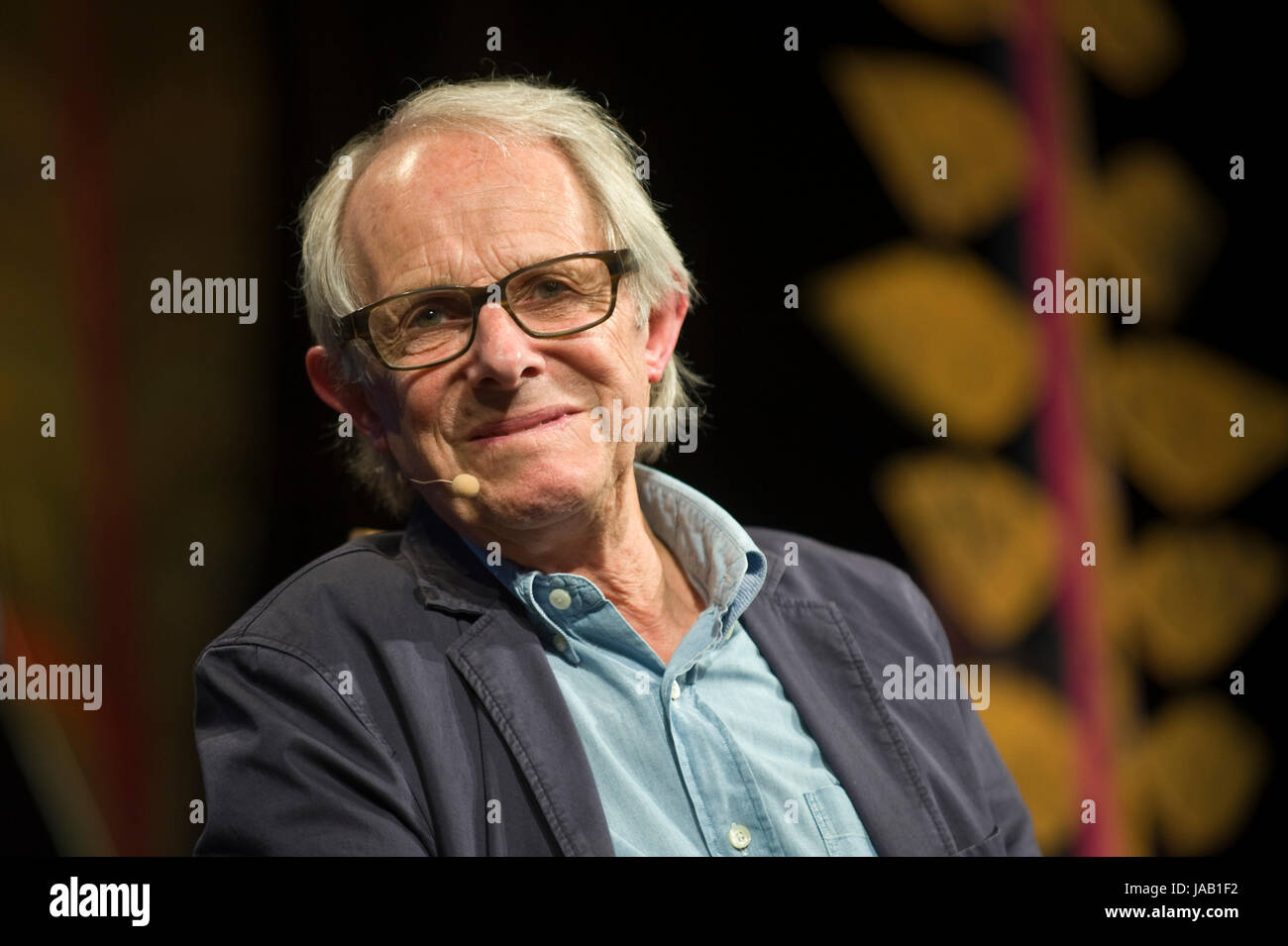 Ken Loach film director speaking about culture, society and his style of social realism on stage at Hay Festival of Literature and the Arts 2017 Hay-on-Wye Powys Wales UK Stock Photo