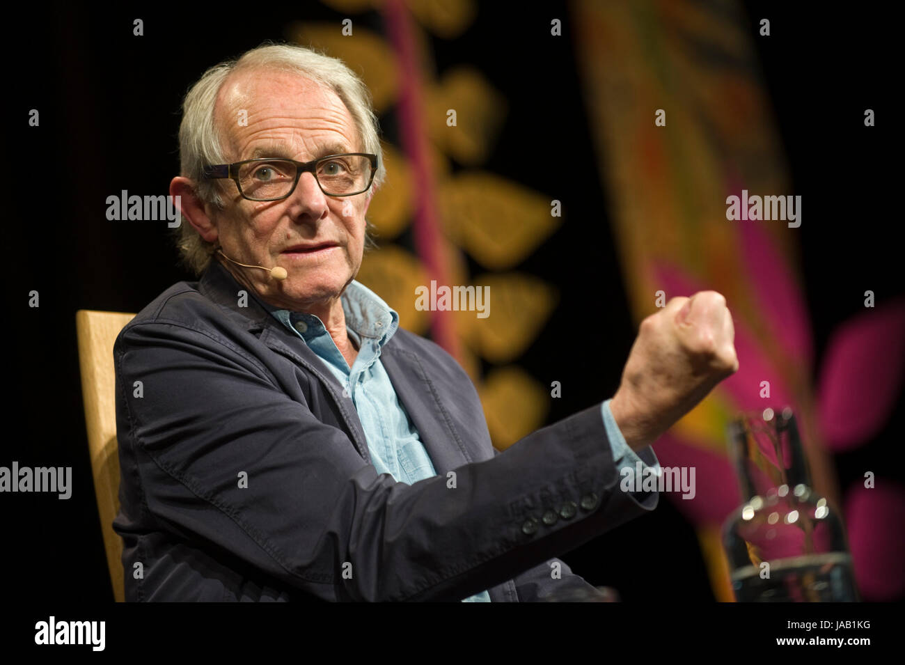 Ken Loach film director speaking about culture, society and his style of social realism on stage at Hay Festival of Literature and the Arts 2017 Hay-on-Wye Powys Wales UK Stock Photo