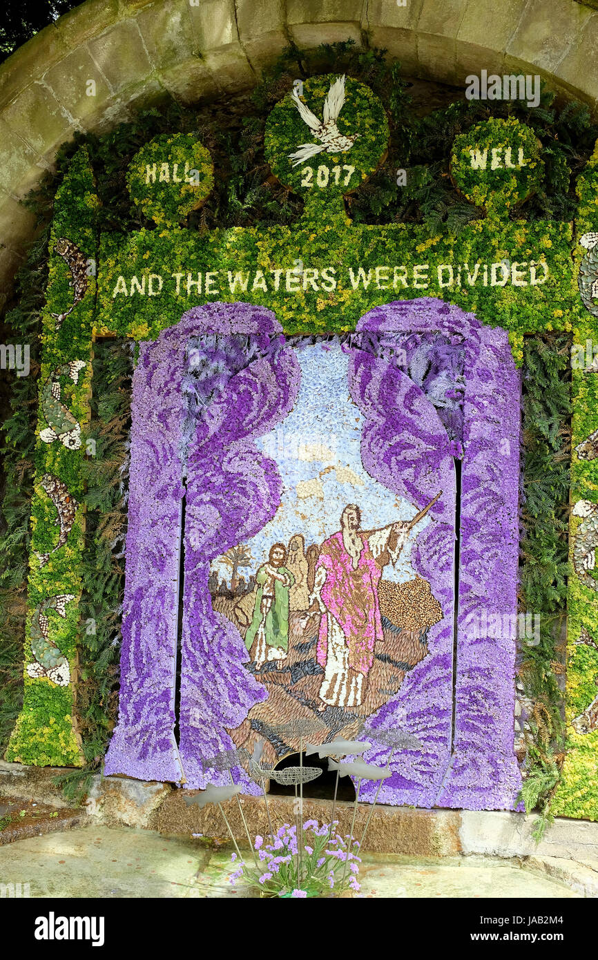 Tissington, Derbyshire, UK. May 31, 2017.  The Hands well dressing depicting Christ's first miracle of changing water into Wine at Tissington in Derby Stock Photo