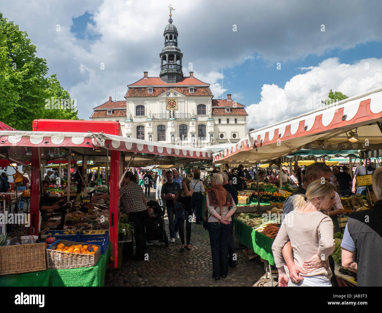 Street market on Marktplatz in Lüneburg, Niedersachsen, Germany. Stock Photo