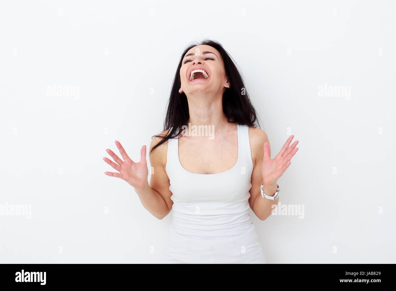 Happy woman Laughing. Closeup portrait woman smiling with perfect smile and white teeth Stock Photo