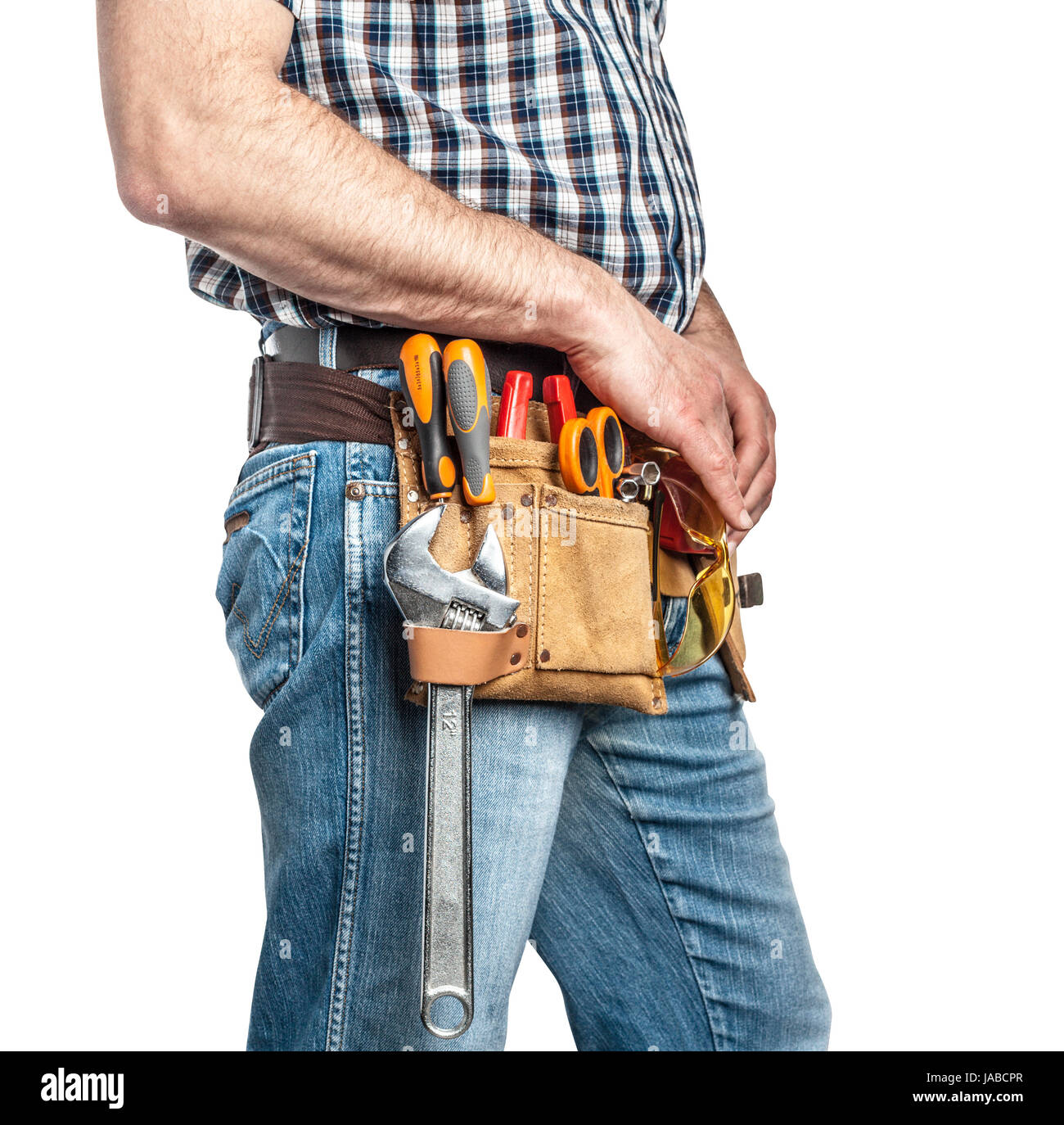 detail of handyman with toolsbelt and tools isolated on white background Stock Photo