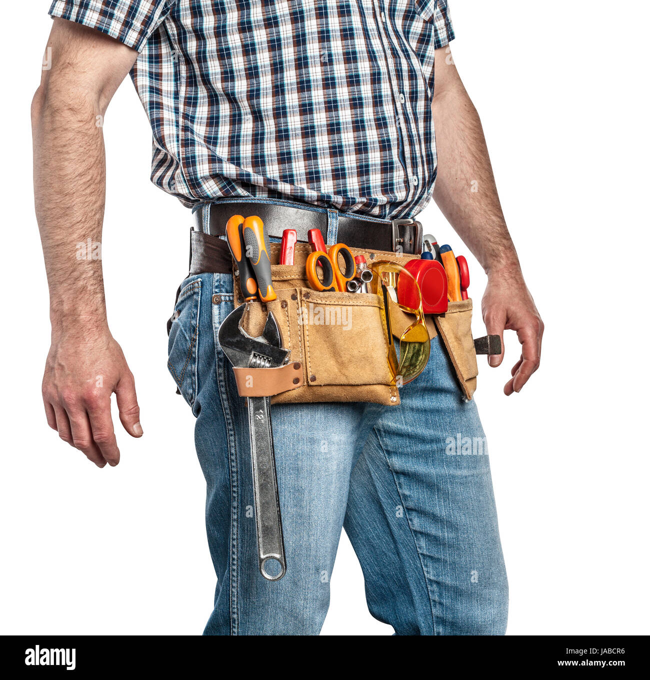 detail of handyman with toolsbelt and tools isolated on white