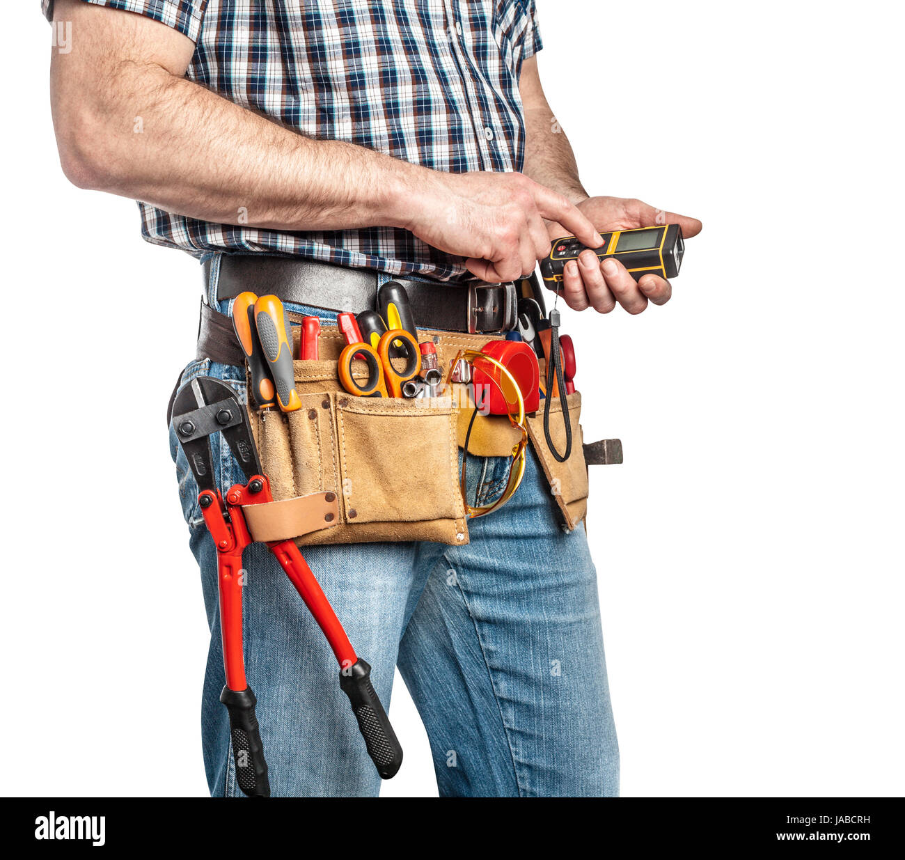 detail of handyman with toolsbelt and tools isolated on white background Stock Photo