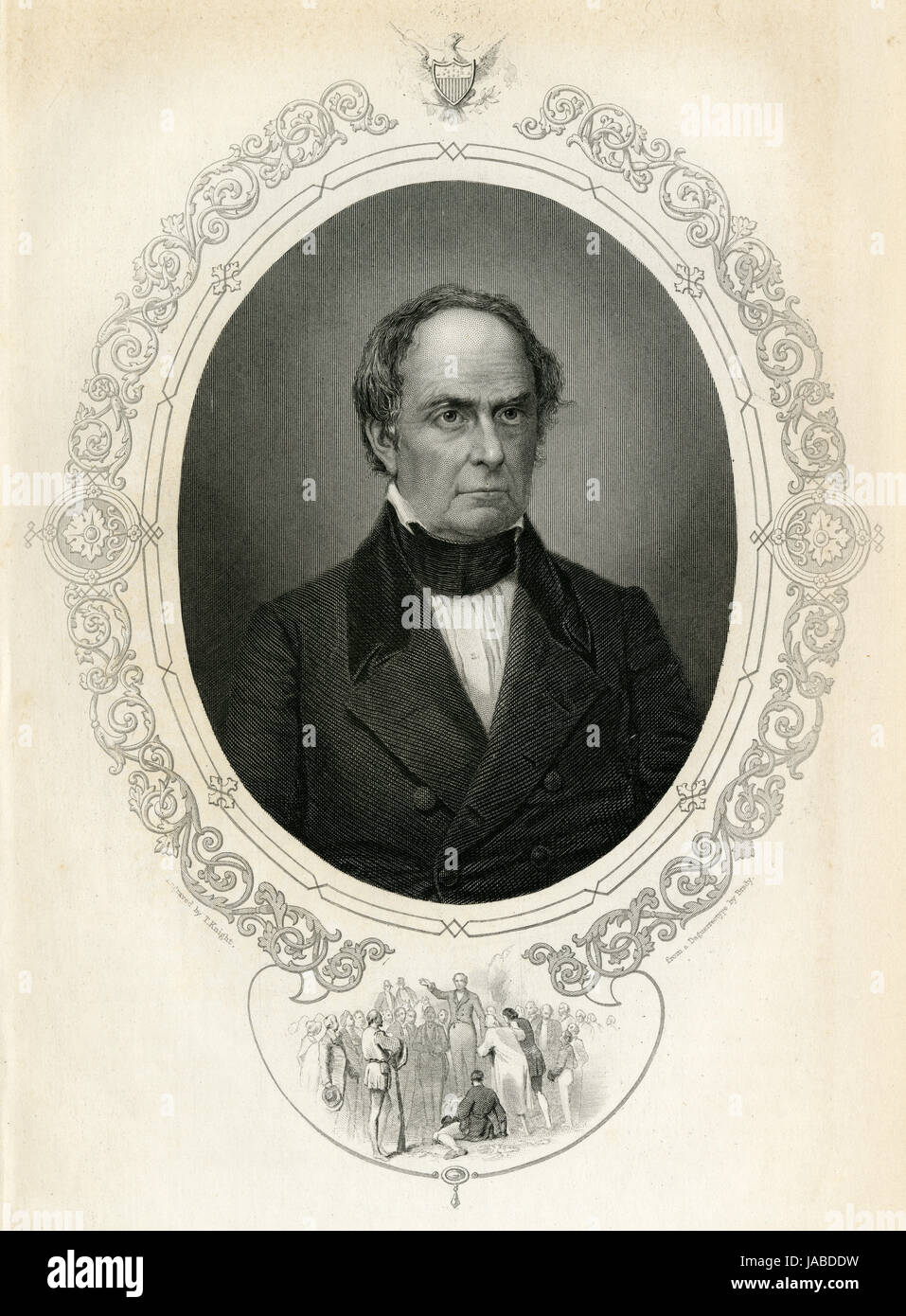 Antique c1860 engraving, Daniel Webster. Daniel Webster (1782-1852) was an American politician who served in the United States House of Representatives, the U.S. Senate, and was twice the United States Secretary of State. SOURCE: ORIGINAL ENGRAVING. Stock Photo