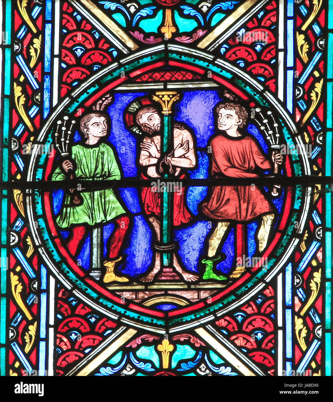 The Passion Window, Flagellation of Jesus, Christ at the Pillar, Column, stained glass by Didron of Paris, 1860, Feltwell, Norfolk, England, UK Stock Photo