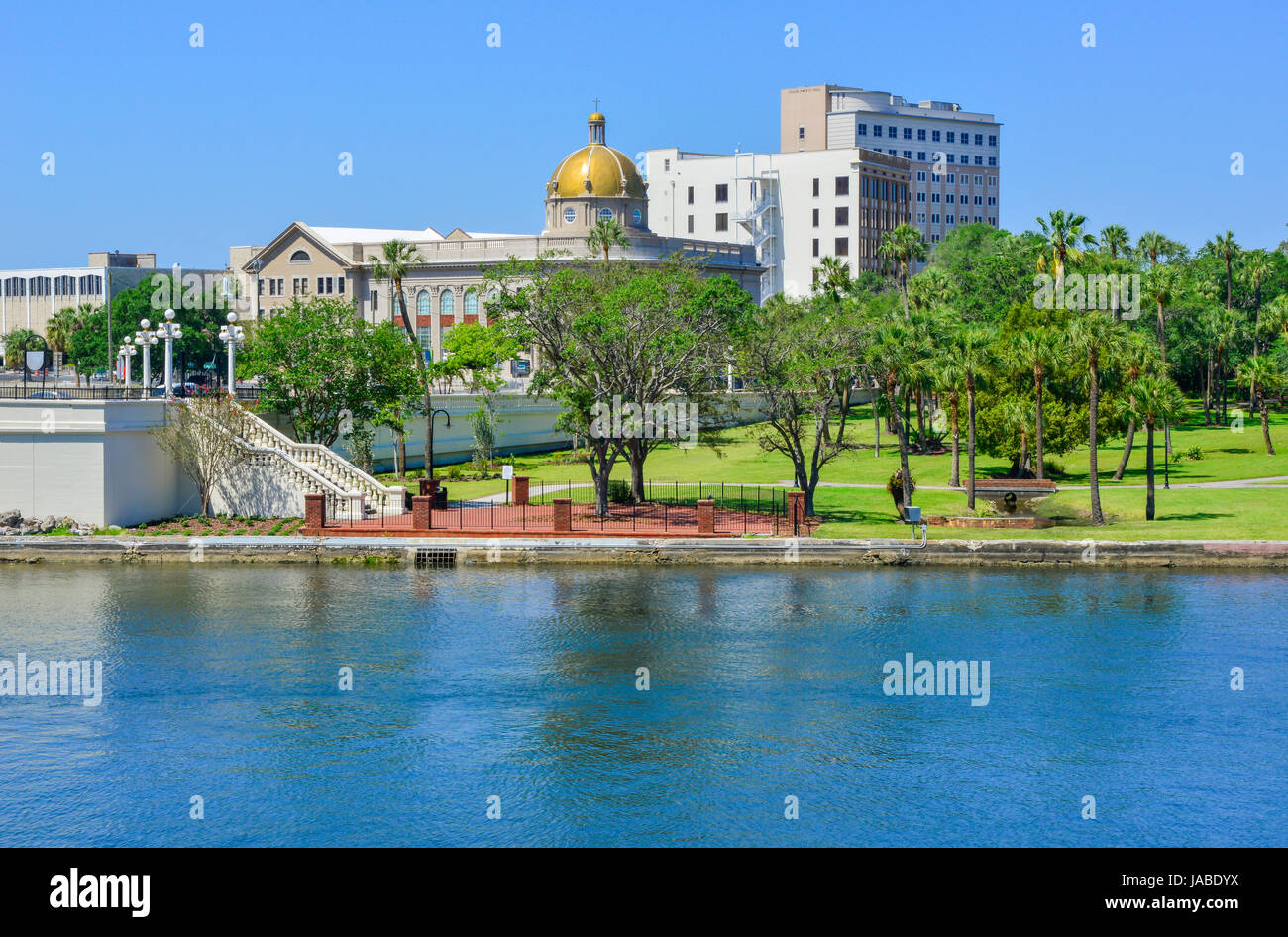 View across the Hillsborough River to the campus of the University of Tampa from the Tampa River Walk in downtown Tampa, Florida, USA Stock Photo