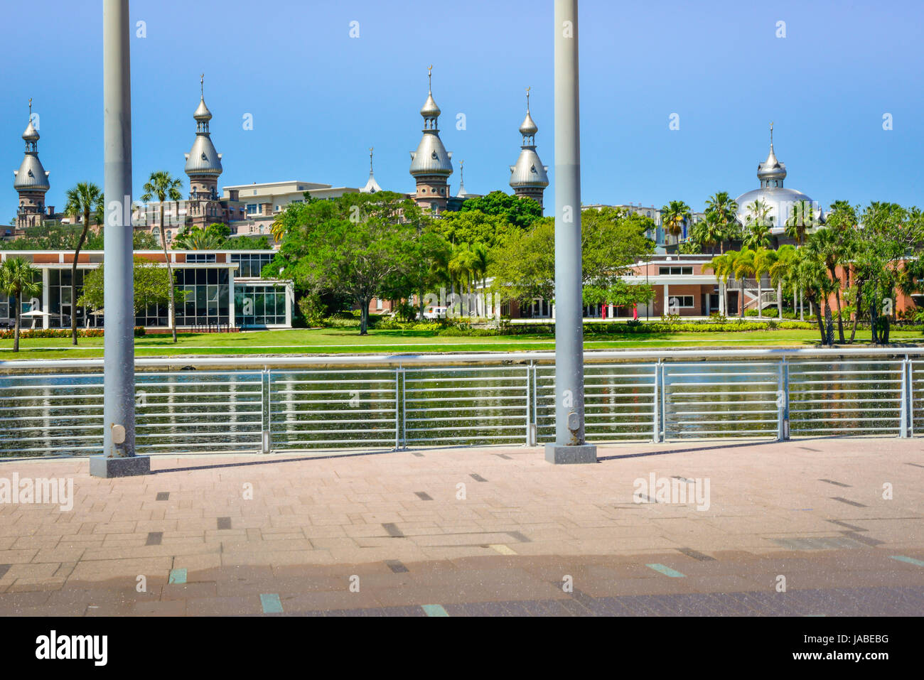 View across the Hillsborough River to the unique architecture of the campus of the University of Tampa from the Tampa River Walk in downtown Tampa, FL Stock Photo