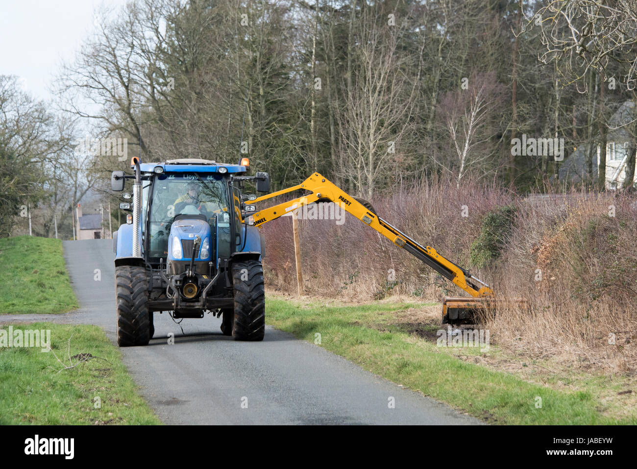 Tractor with hedge cutter on trimming the grass verge along a rural road, Cumbria, UK. Stock Photo