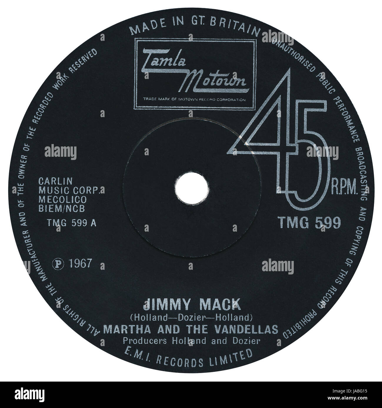 45 RPM 7' UK record label of Jimmy Mack by Martha and the Vandellas on the Tamla Motown label from 1967. Stock Photo