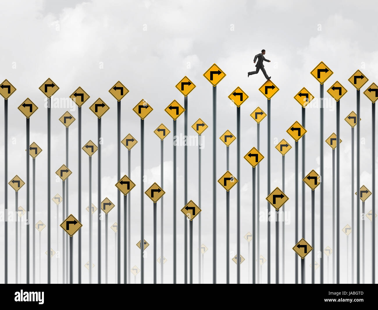 Business strategy path and career pathway plan as a businessman running on confusing arrow traffic signs as an ambition and goal focus. Stock Photo