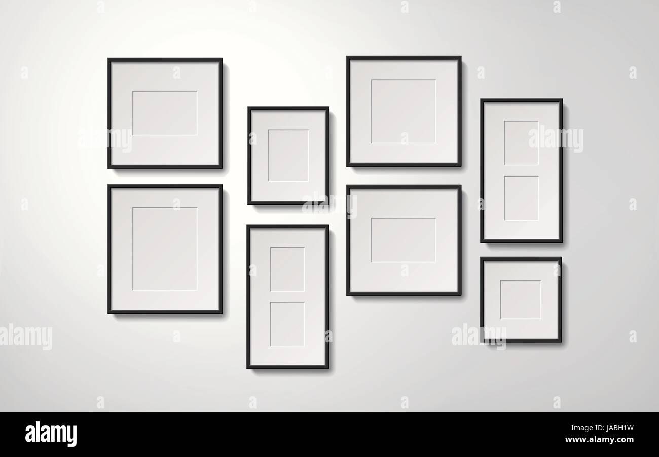 Realistic blank picture frames collection hanging on the wall, 3d ...