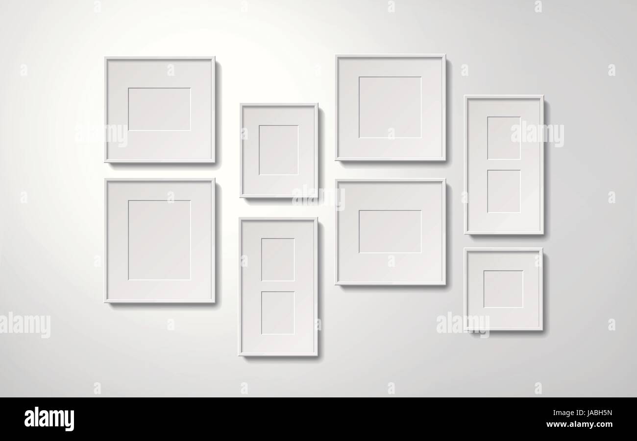 Blank white picture frames collection hanging on the wall, 3d ...