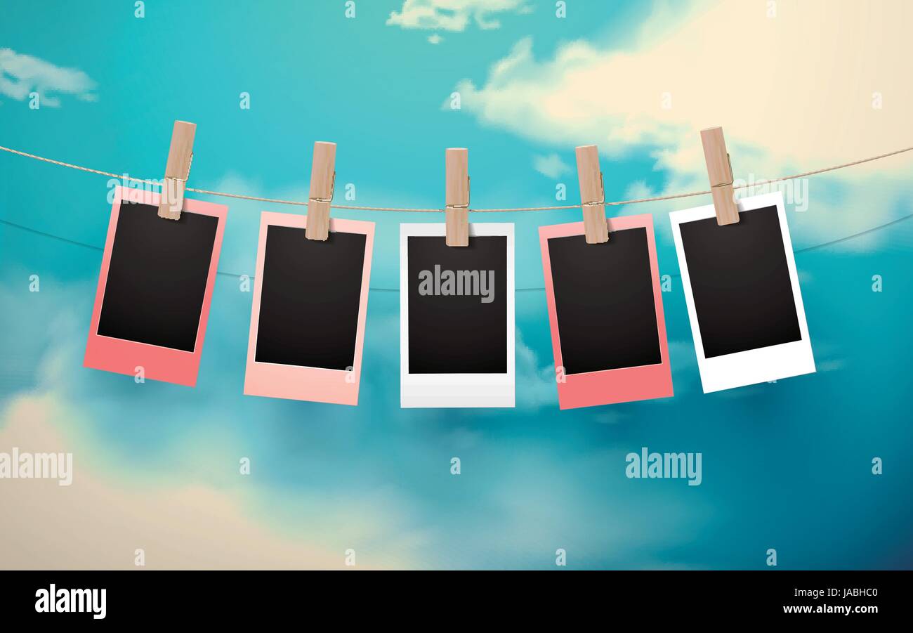 Retro photo frames hanging on the rope over sky background Stock Vector ...