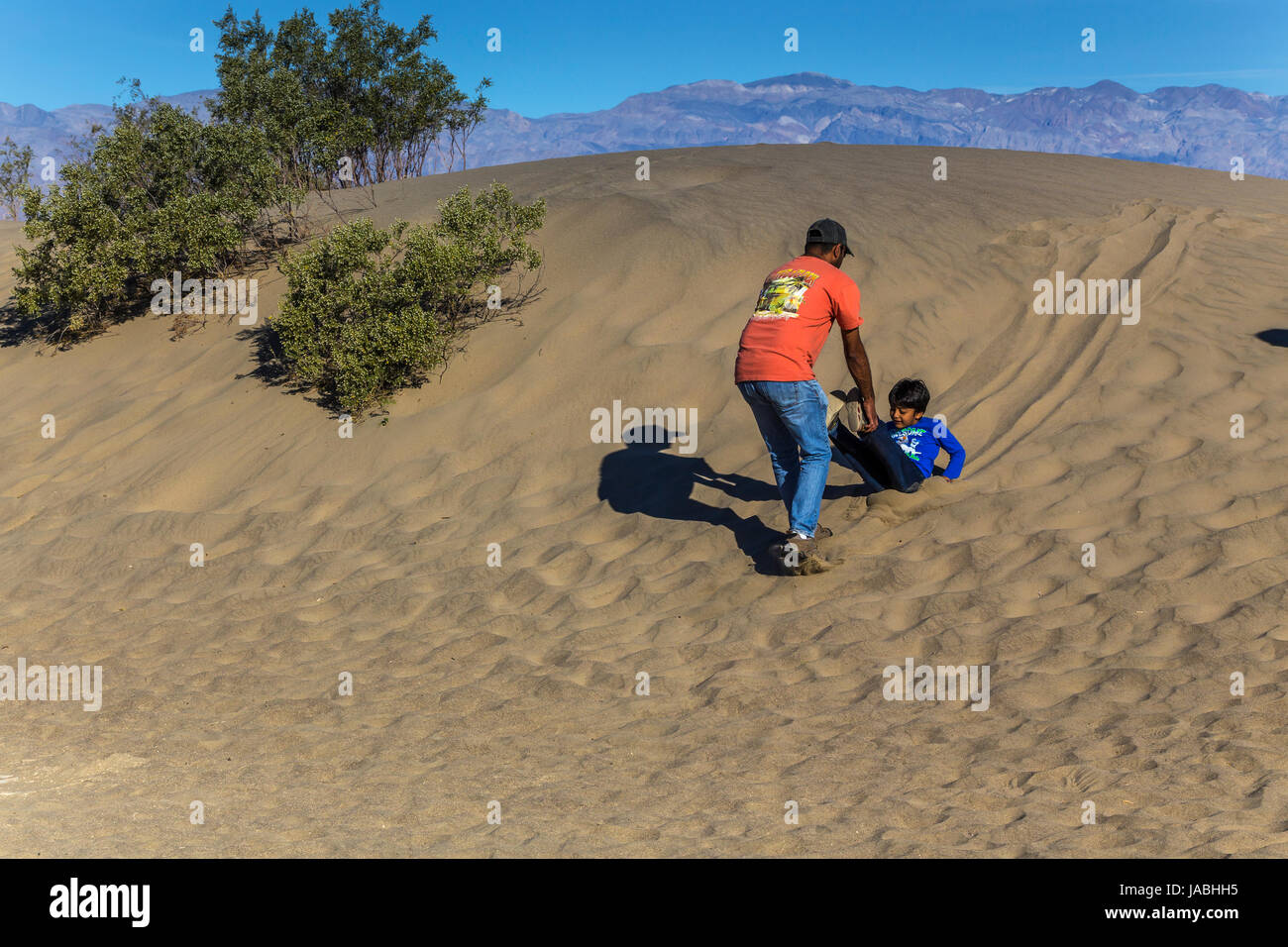 people, tourists, father and son, playing, sliding on sand, Mesquite Flat Sand Dunes, Death Valley National Park, Death Valley, California Stock Photo