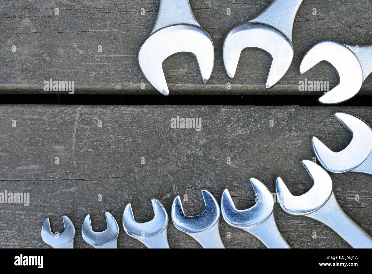 Open ended spanners table top view with room for text. Stock Photo