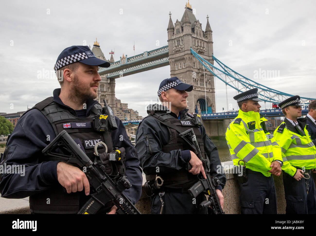 Armed police near Tower Bridge following the recent terror attacks in Britain, most recently at London Bridge on June 3rd Stock Photo
